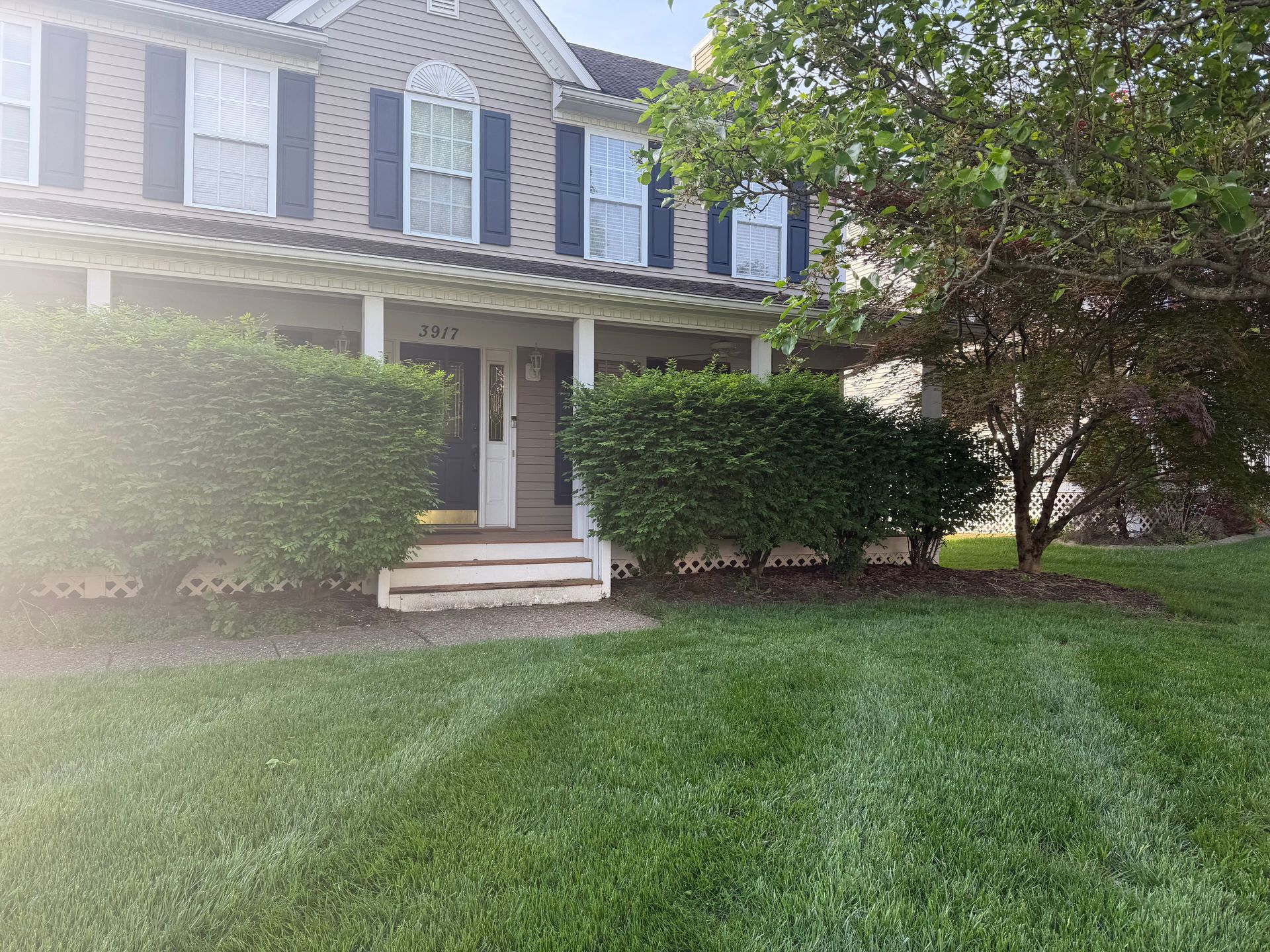 Suburban house with white porch, black shutters, and a green lawn under a tree.