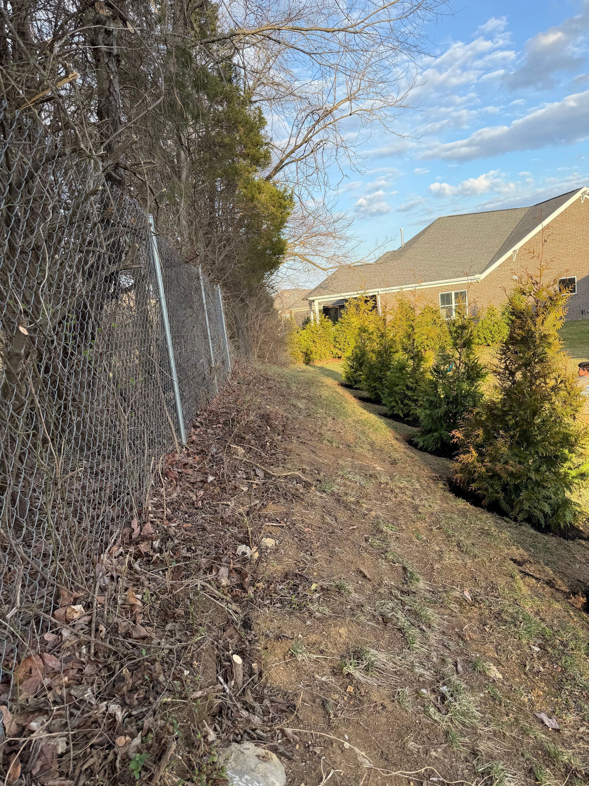 Narrow dirt path beside a tall stone wall, with shrubs and houses under a partly cloudy sky.