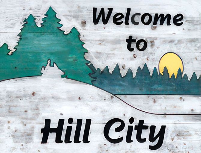 The Welcome to Hill City sign. An image of the Welcome to Hill City, MN sign.