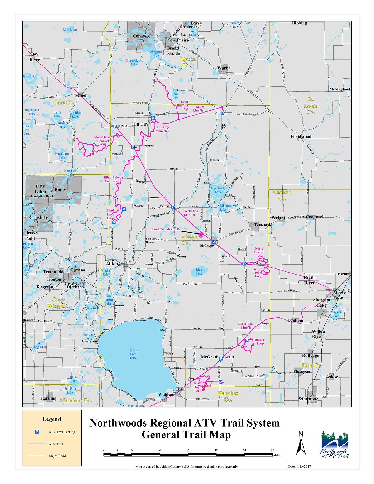 An image of the Northwoods Regional ATV Trail System, General Trail Map.