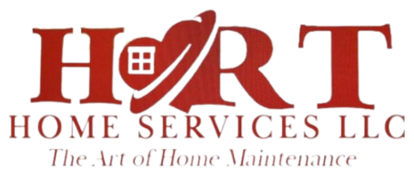 Logo for "H R T Home Services LLC". Red letters with house graphic, white window and text "Home Services LLC".