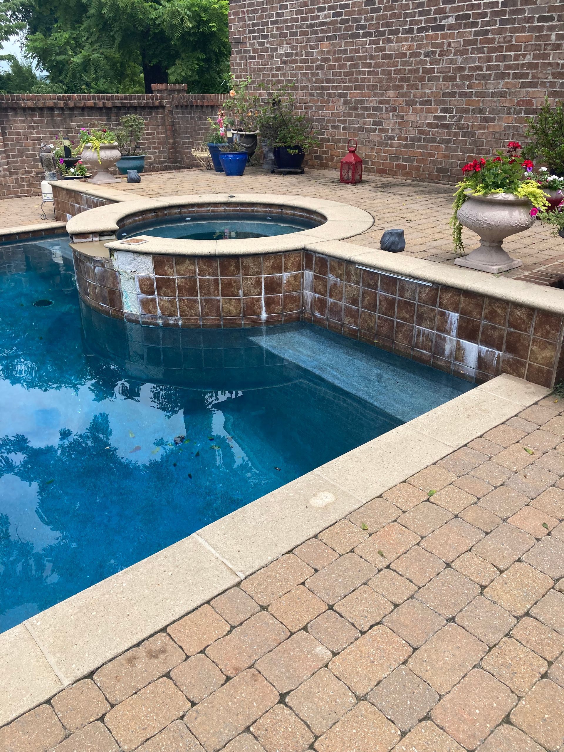Swimming pool with steps, connected to a spa. Brick and stone surround the pool.