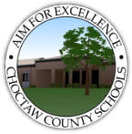 the logo for chootaw county schools shows a building and a tree .