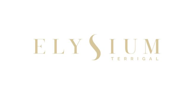The elysium terrigal logo is a gold logo on a white background.