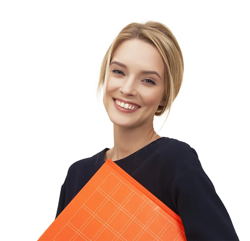 A woman is smiling while holding an orange folder