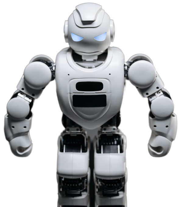 A white robot with blue eyes is standing on a white background