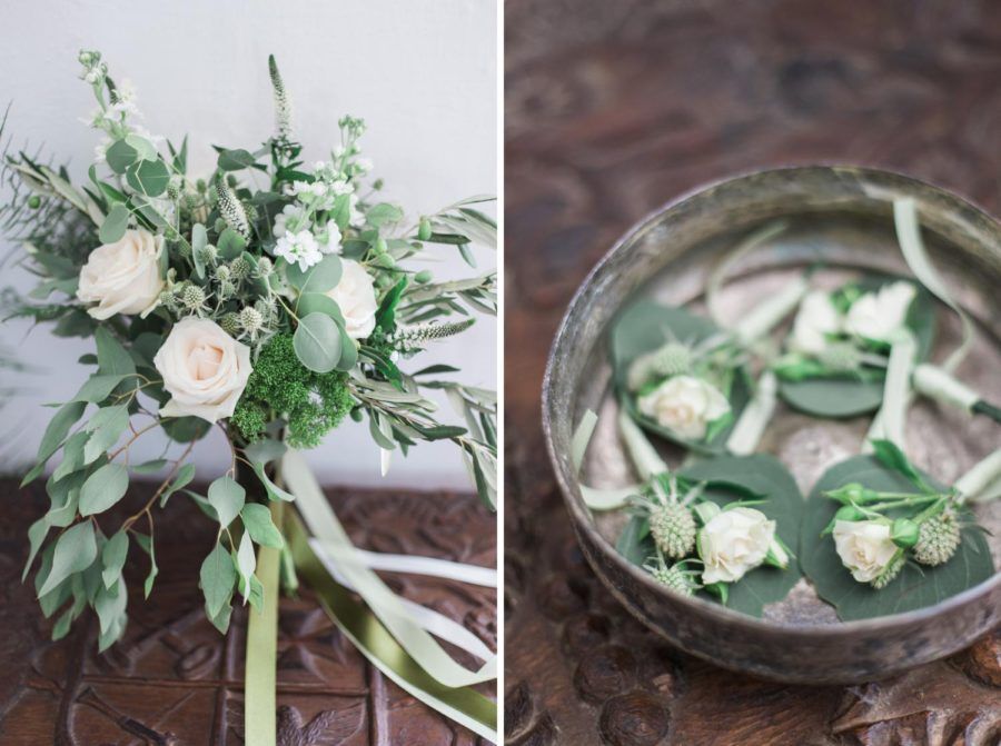 A bouquet of flowers and a bowl of flowers on a table.