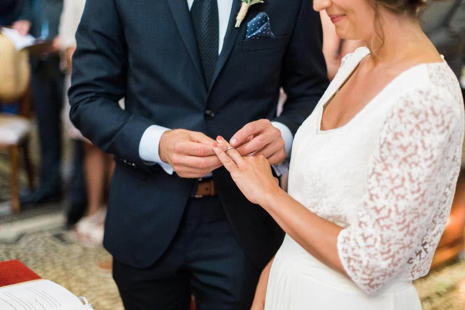 A man in a suit is putting a wedding ring on a woman 's finger.