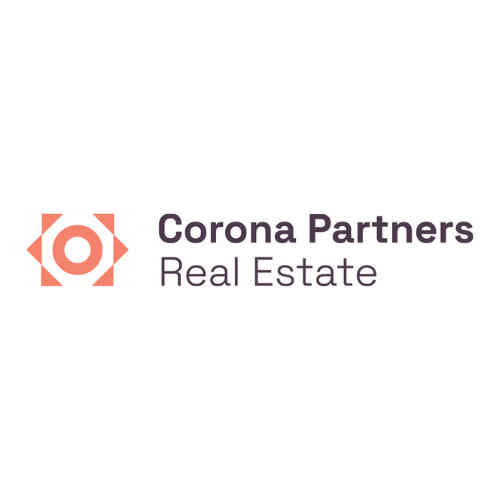 Corona Partners Real Estate logo with coral icon and dark gray text on white background