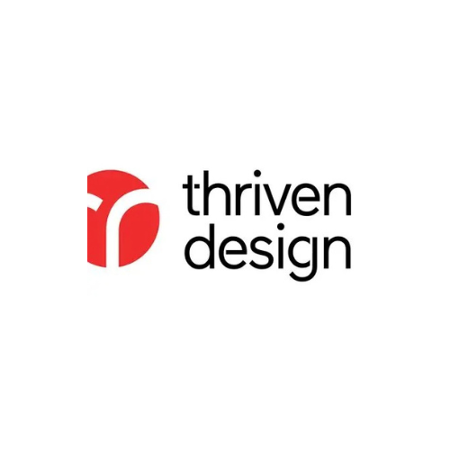 Thiven Design logo with red abstract icon and black text on white background