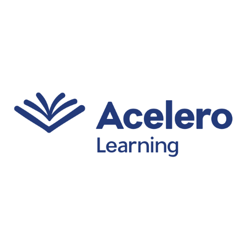 Acelero Learning logo in blue text with stylized blue emblem