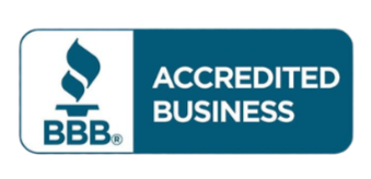 BBB Accredited Business badge in teal and white with BBB torch logo