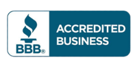 BBB Accredited Business badge in teal and white with BBB torch logo