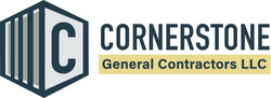 Cornerstone General Contractors LLC logo with navy and yellow geometric emblem and text