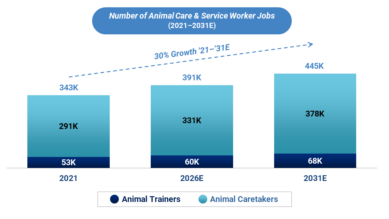 The number of animal care and service worker jobs from 2021 to 2031 (with estimates). 