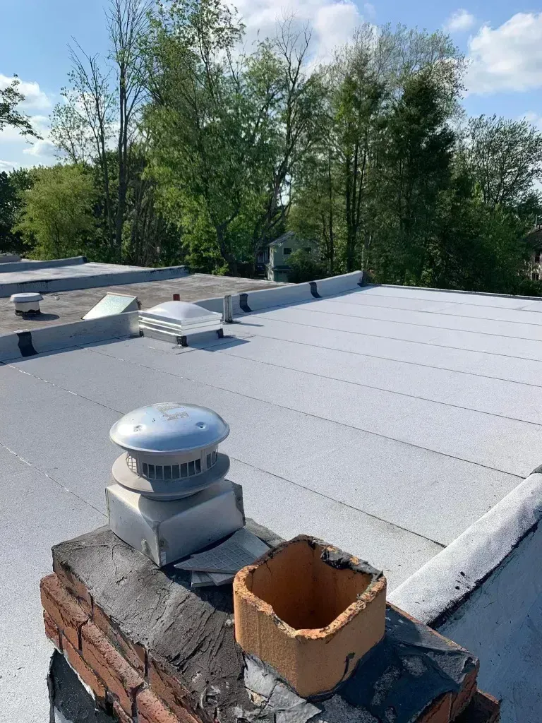Rooftop with vent pipes and a chimney cap, trees and blue sky in the background.