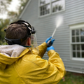 Person in yellow rain gear power-washing gray house siding with a blue wand outdoors