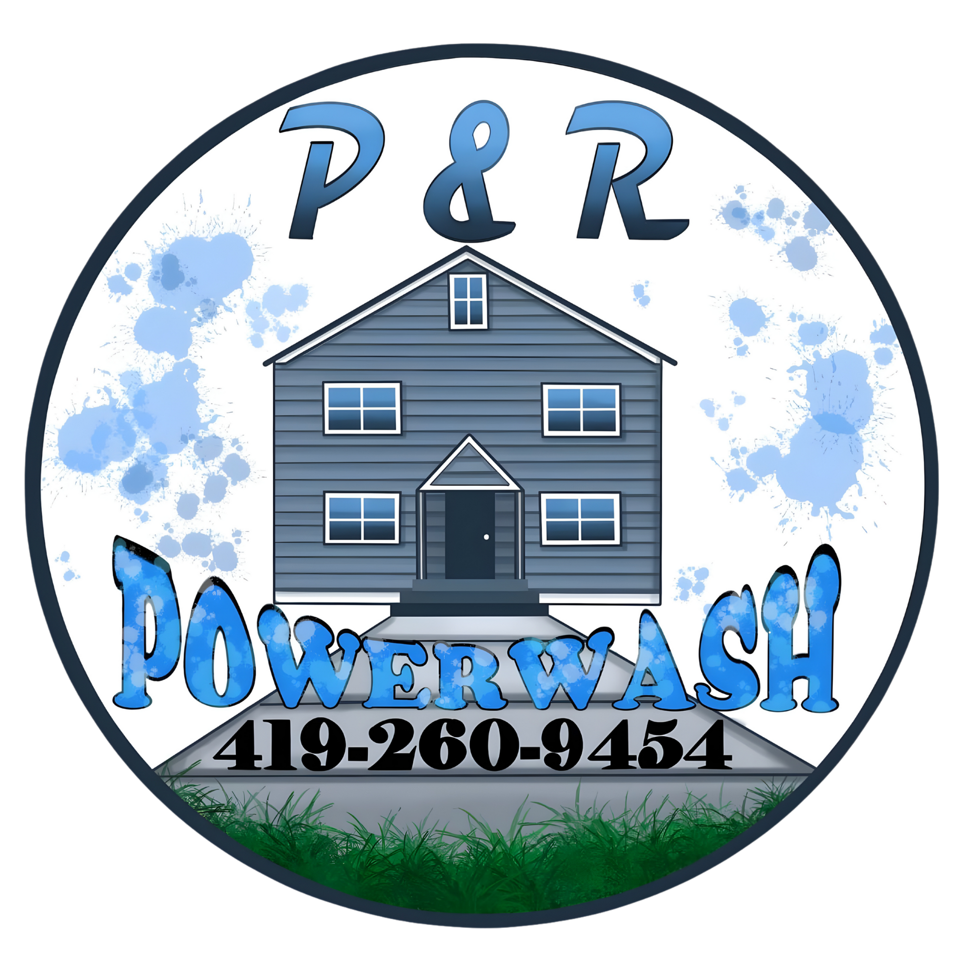 P&R Powerwash logo with blue house, paint splashes, and phone number 419-260-9454