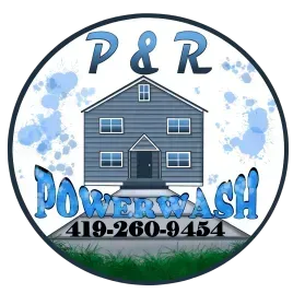 P&R Powerwash logo with blue house, paint splashes, and phone number 419-260-9454