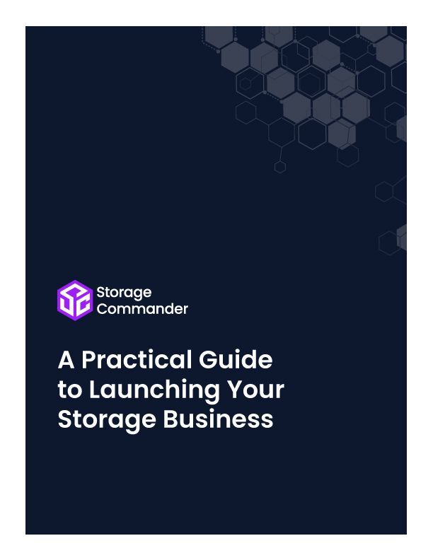 Dark navy cover for Storage Commander with hexagon pattern and title, “A Practical Guide to Launching Your Storage Business”