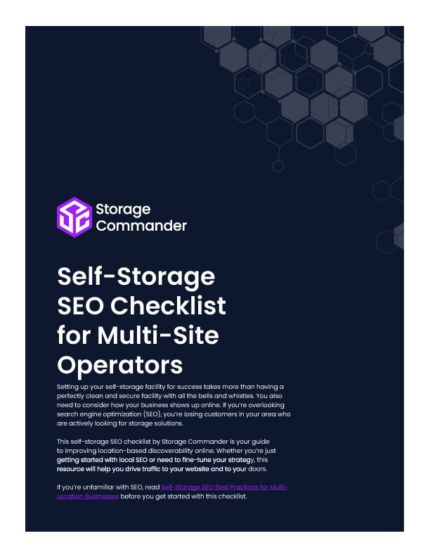 Self-Storage SEO Checklist for Multi-Site Operators cover with dark blue background and geometric hex pattern