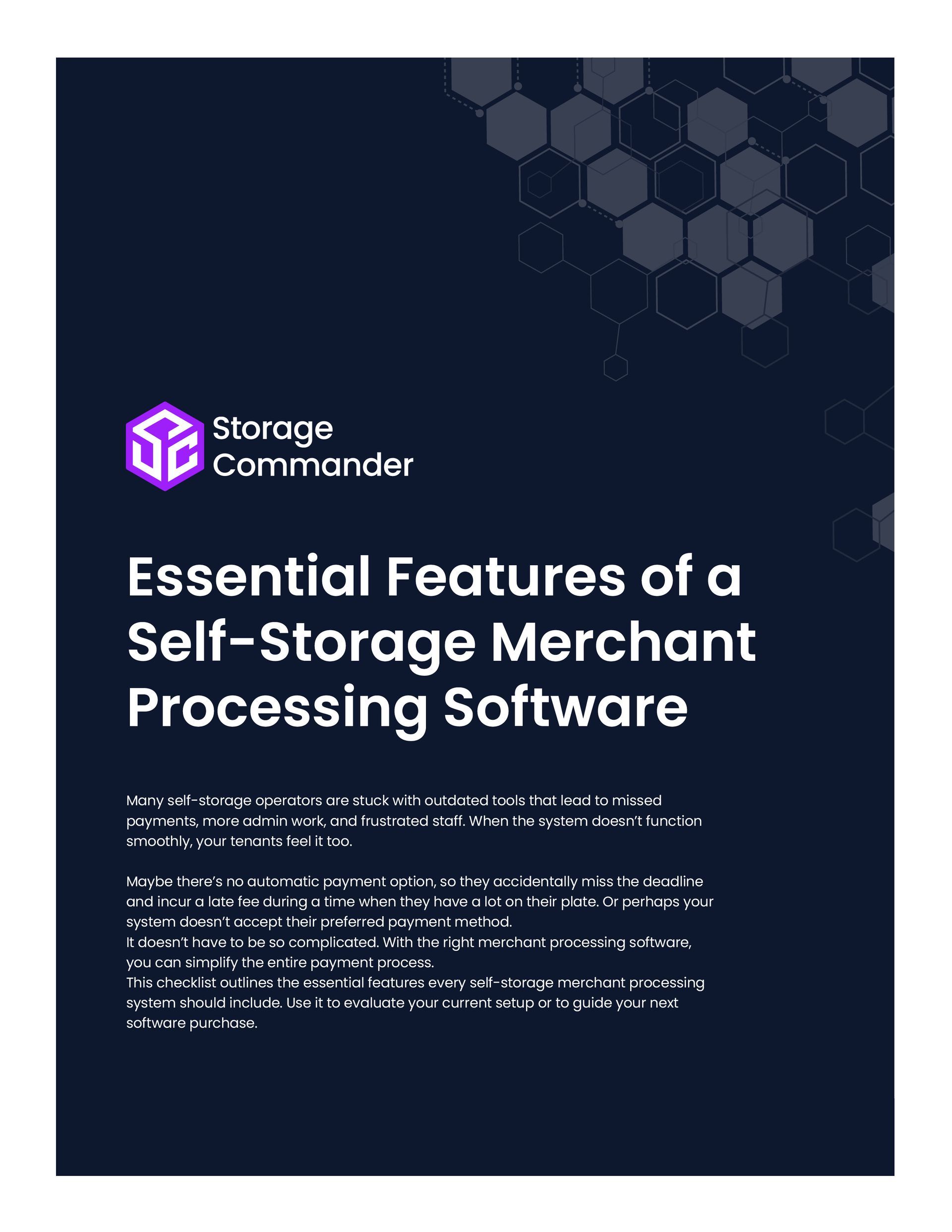 Dark blue Storage Commander promo poster titled “Essential Features of a Self-Storage Merchant Processing Software”