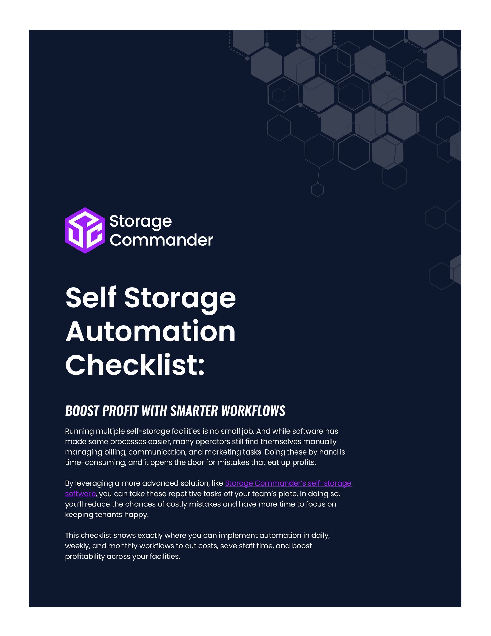 Dark navy checklist poster for Storage Commander, titled “Self Storage Automation Checklist.”