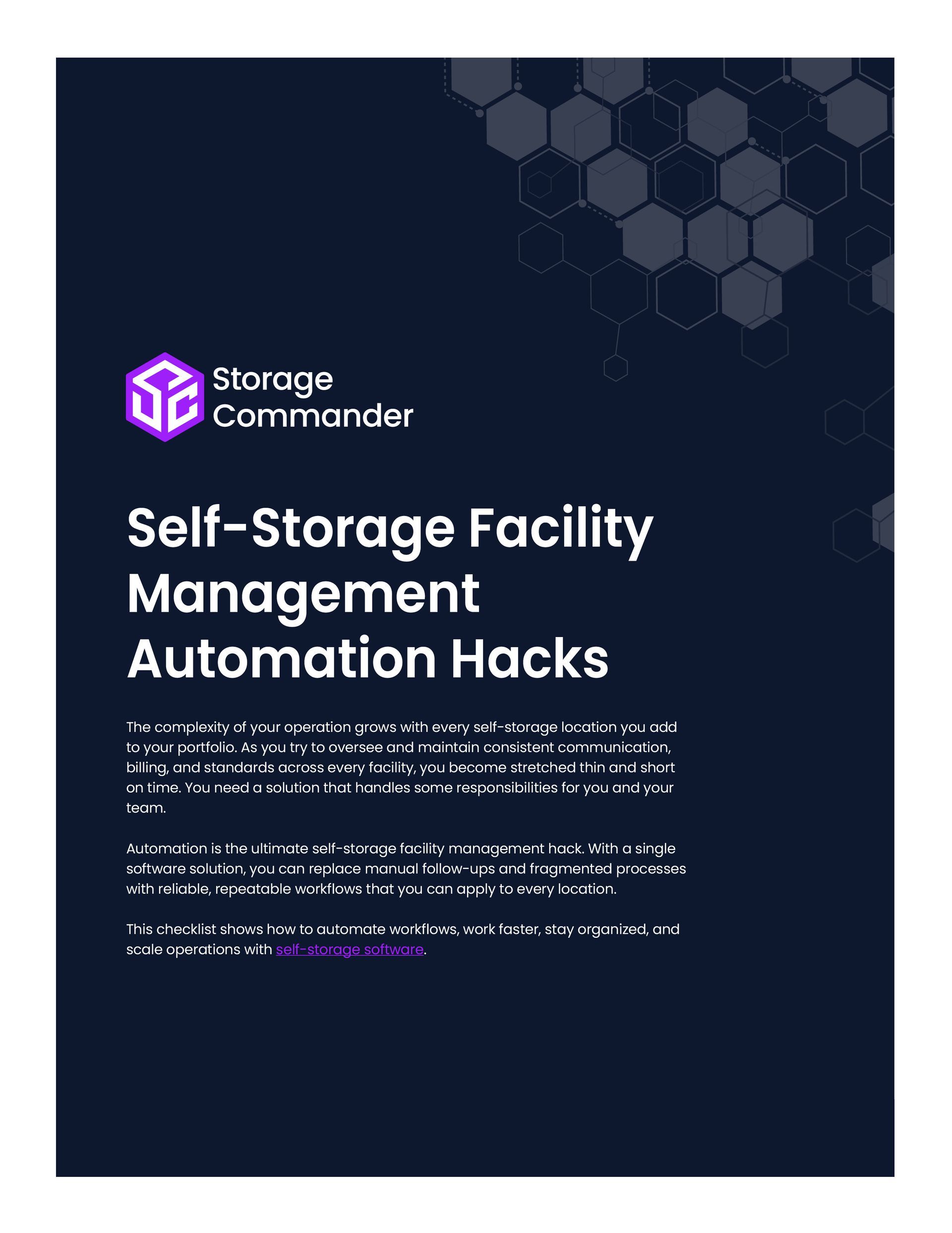 Dark blue promo poster with hexagon pattern: “Self-Storage Facility Management Automation Hacks.”