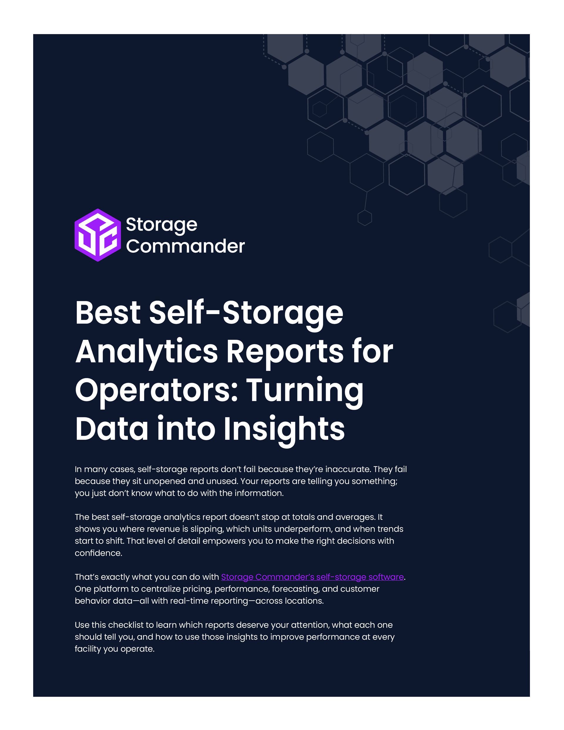Dark blue report cover with hexagon pattern, titled “Best Self-Storage Analytics Reports for Operators: Turning Data into Insights”