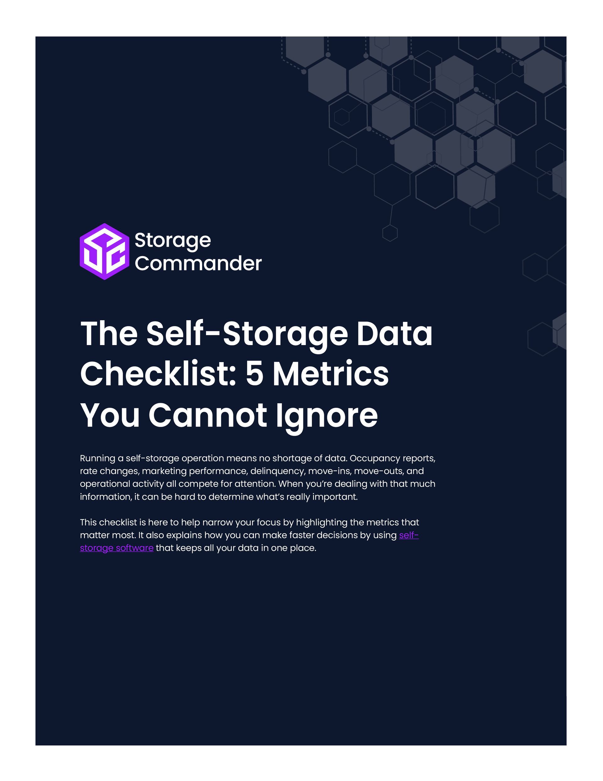 Dark blue Storage Commander poster titled “The Self-Storage Data Checklist: 5 Metrics You Cannot Ignore”