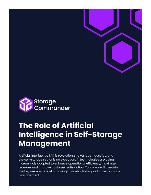 Dark blue promotional slide with purple hexagons for Storage Commander, titled “AI in Self-Storage Management.”
