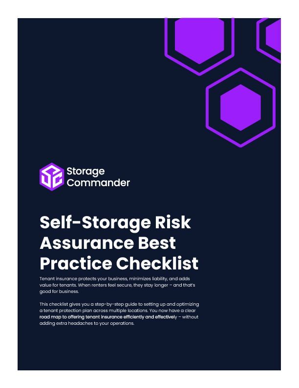 Dark navy cover for “Self-Storage Risk Assurance Best Practice Checklist” with purple hexagon accents and logo