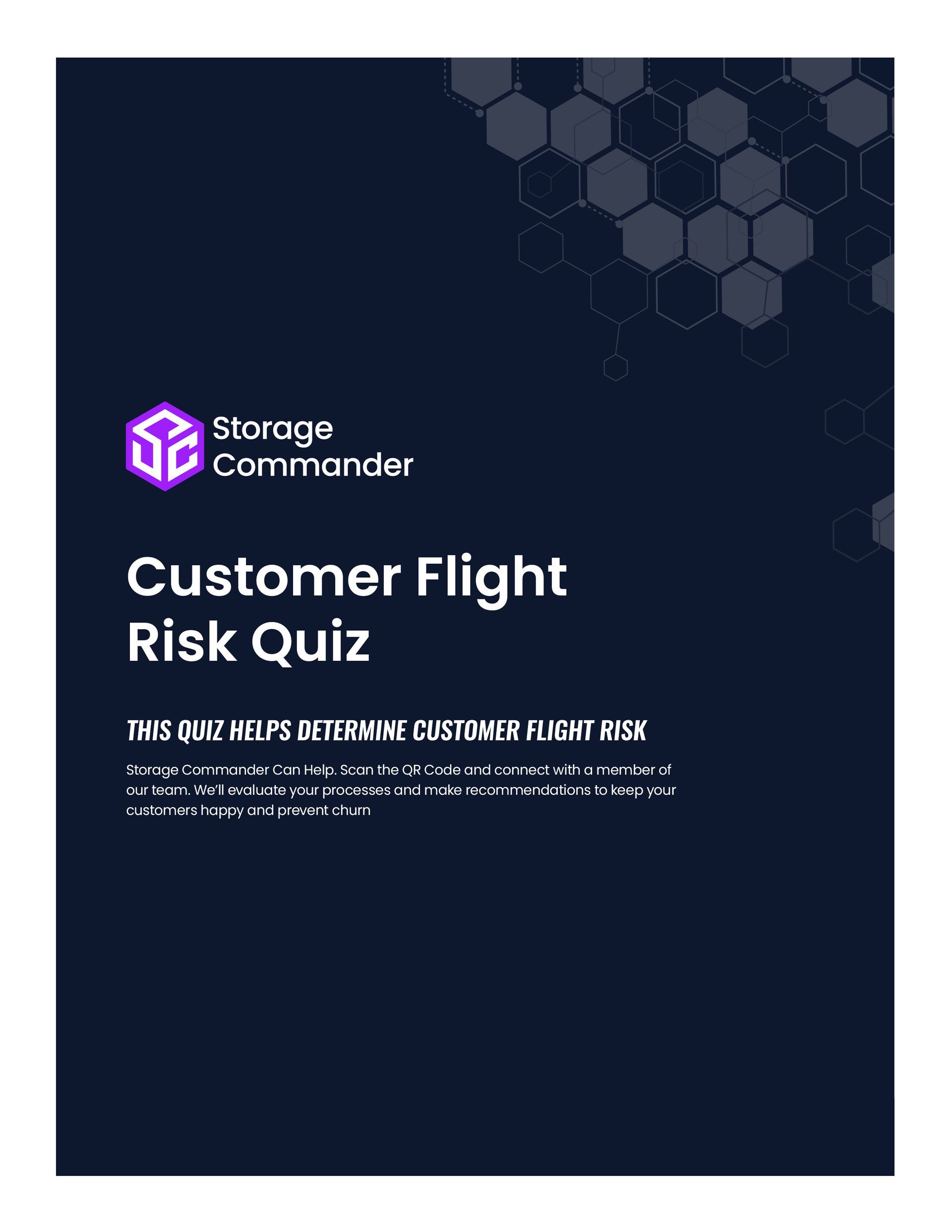 Storage Commander flyer titled “Customer Flight Risk Quiz” on a dark navy background with hexagon accents