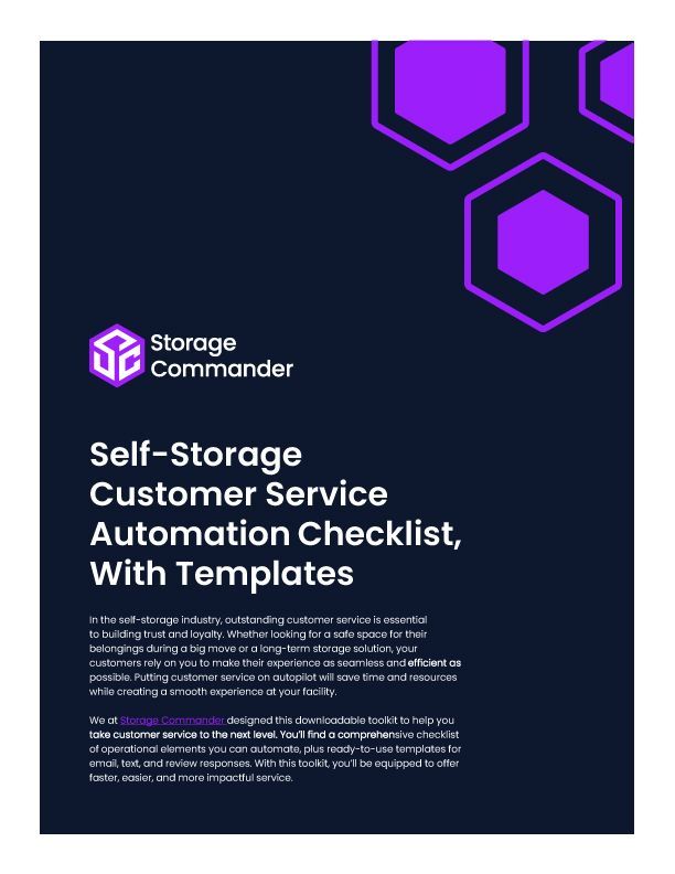 Dark navy promo cover for Storage Commander: “Self-Storage Customer Service Automation Checklist, With Templates.”