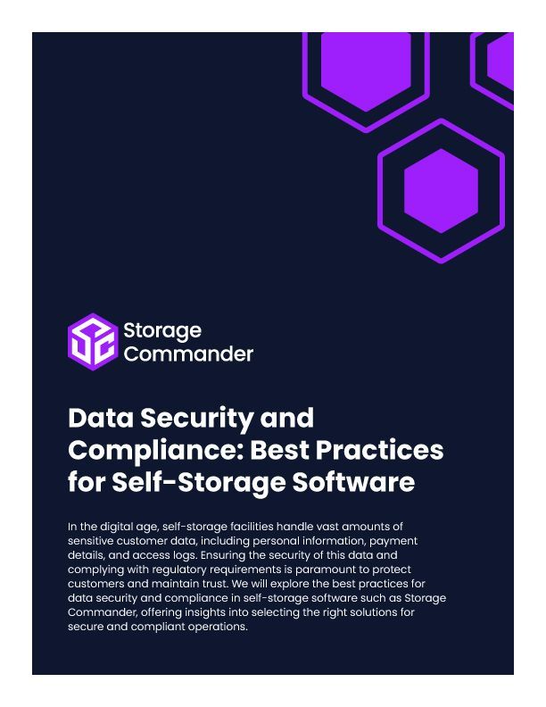 Storage Commander cover with purple hexagons and title “Data Security and Compliance” on dark navy background