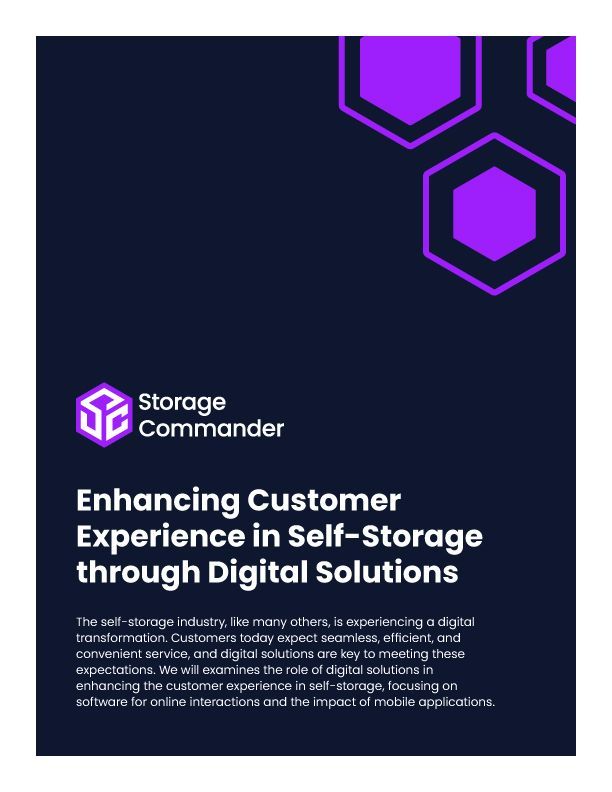 Purple Storage Commander promo graphic with geometric hexagons and headline about customer experience in self-storage through digitization