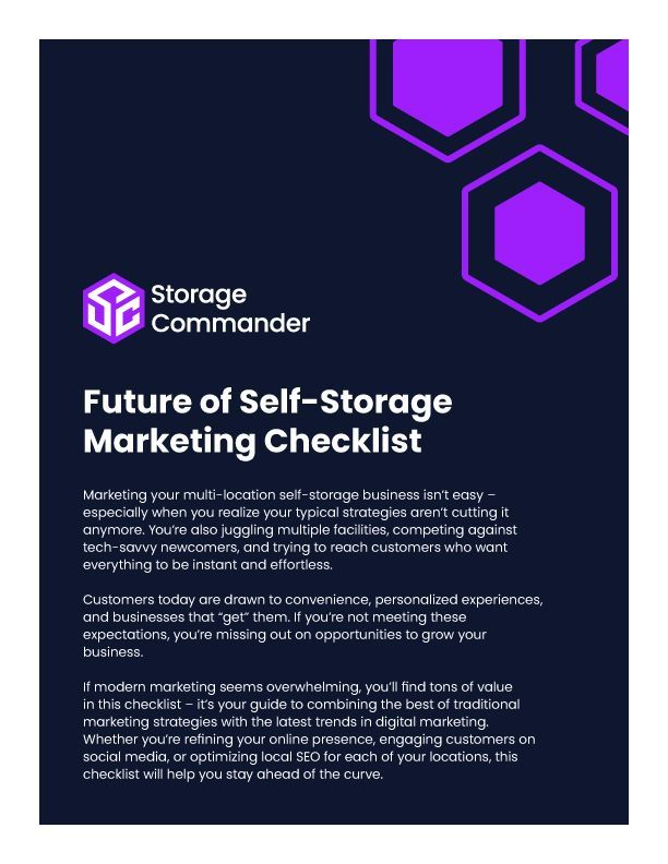 Purple Storage Commander flyer titled “Future of Self-Storage Marketing Checklist” with hexagon graphics on dark background