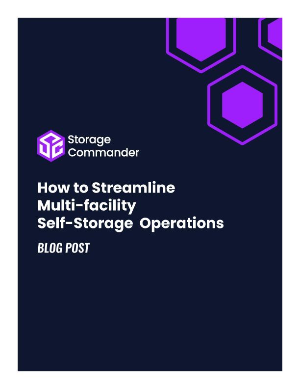 Purple Storage Commander blog post cover with hexagon icons and title “How to Streamline Multi-facility Self-Storage Operations”