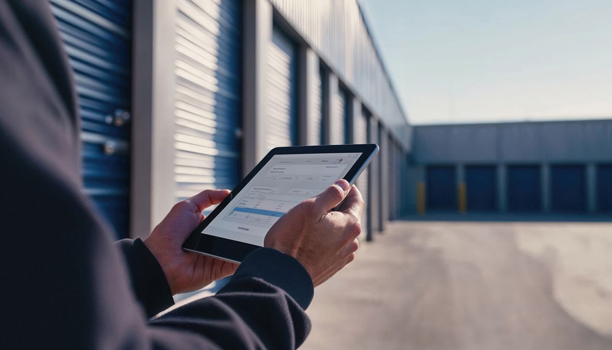 Person using a tablet outside a warehouse building
