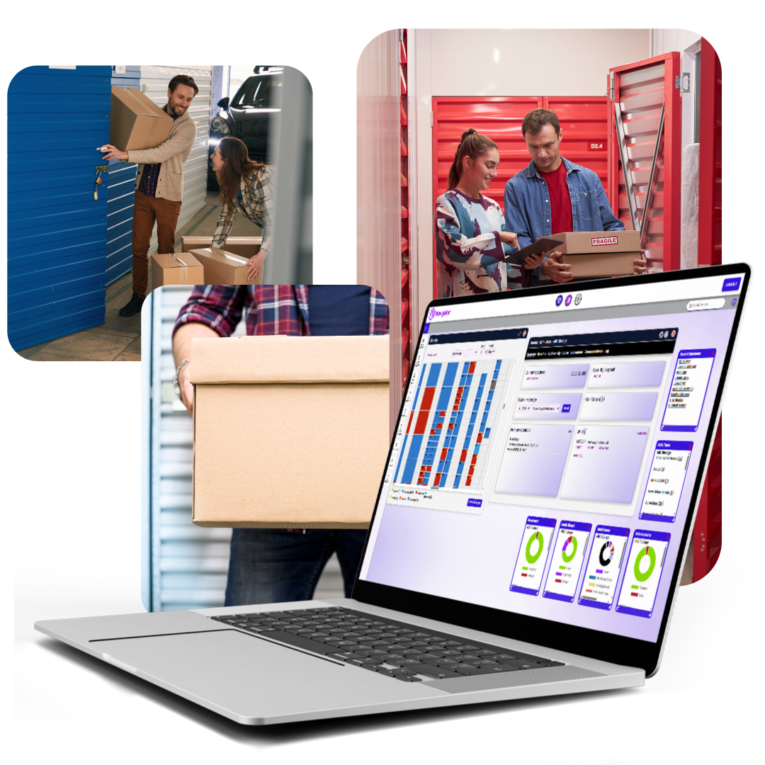 Man with tablet, storage units in background; couple carrying boxes in living room.