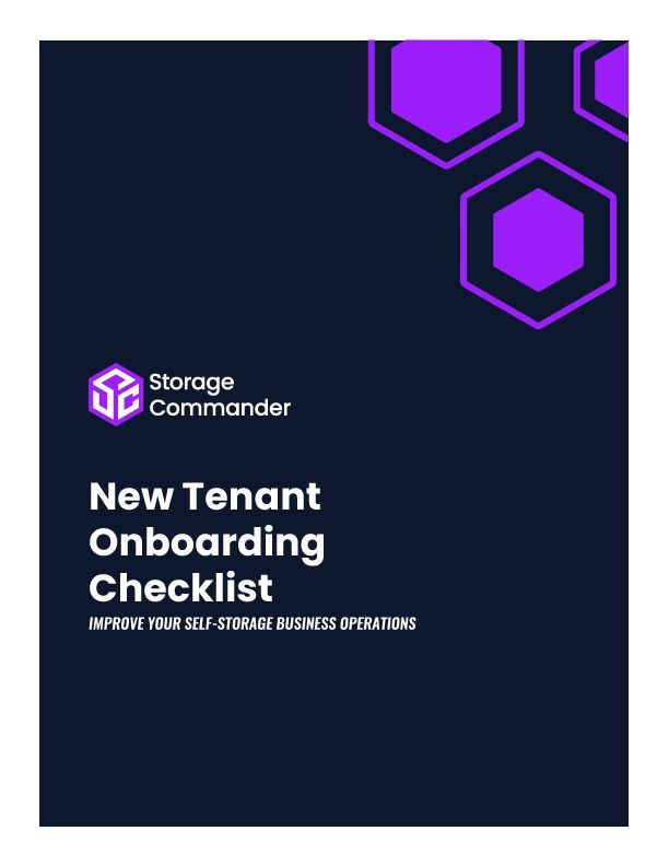 Dark navy cover with purple hexagons and “Storage Commander” text: New Tenant Onboarding Checklist