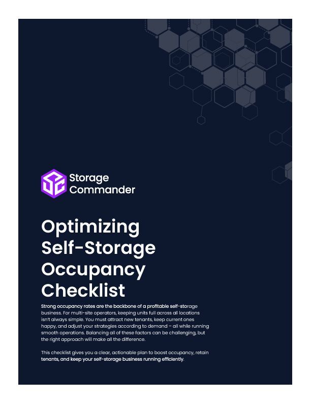 Dark blue Storage Commander checklist cover titled “Optimizing Self-Storage Occupancy Checklist”