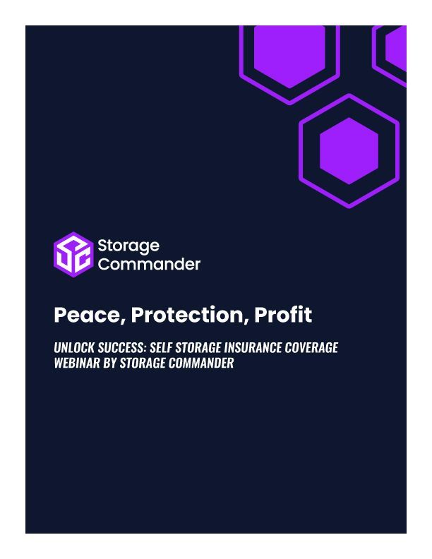 Purple Storage Commander promo poster with hexagon icons and text “Peace, Protection, Profit”