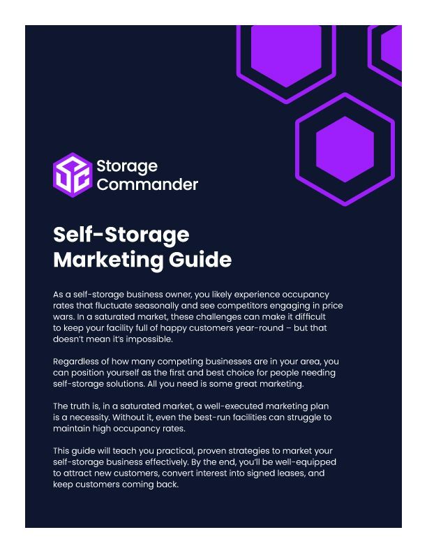 Dark blue self-storage marketing guide cover with purple hexagon graphics and white text