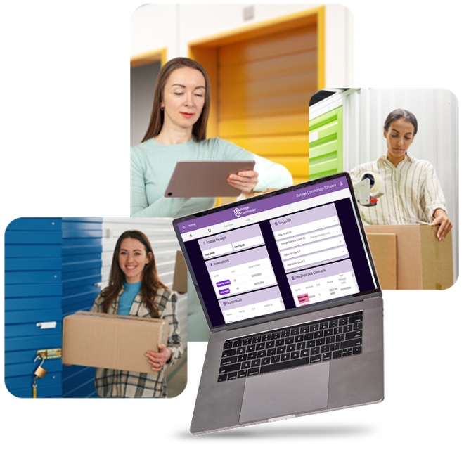 Collage of people holding packages beside a laptop displaying an online order management dashboard