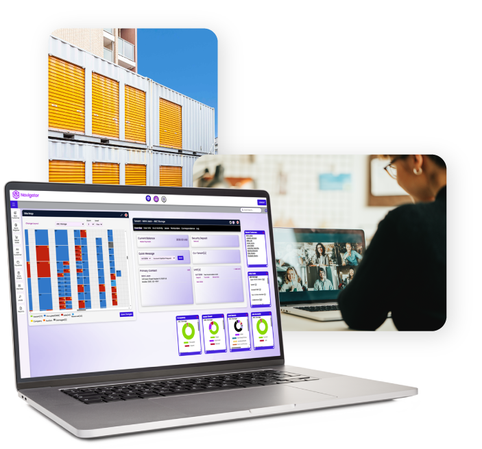Laptop showing analytics dashboard, with a bright orange building facade and a person viewing it beside a meeting board.