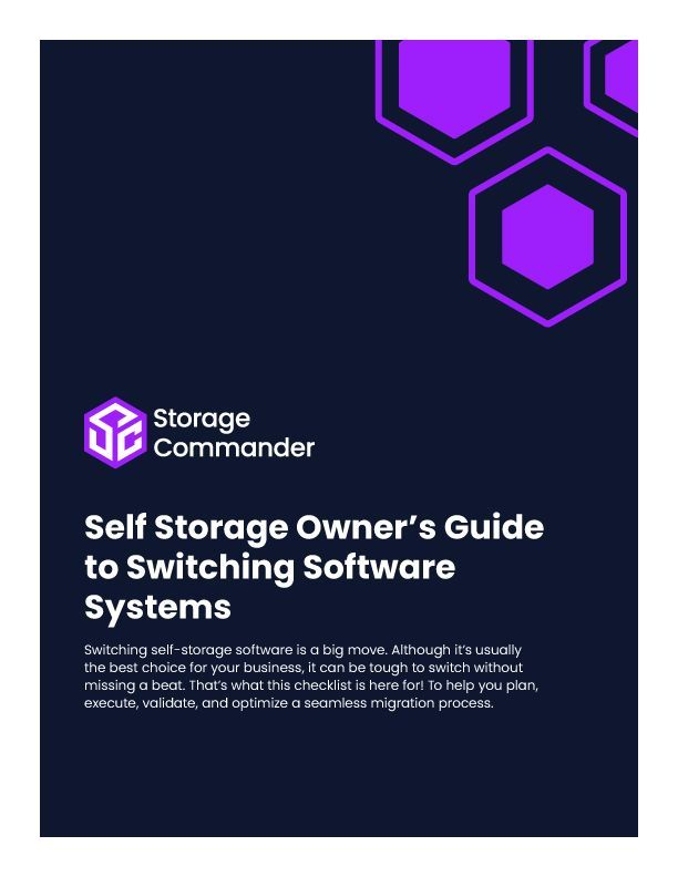Storage Commander guide cover on dark navy with purple hexagon graphics and white title text