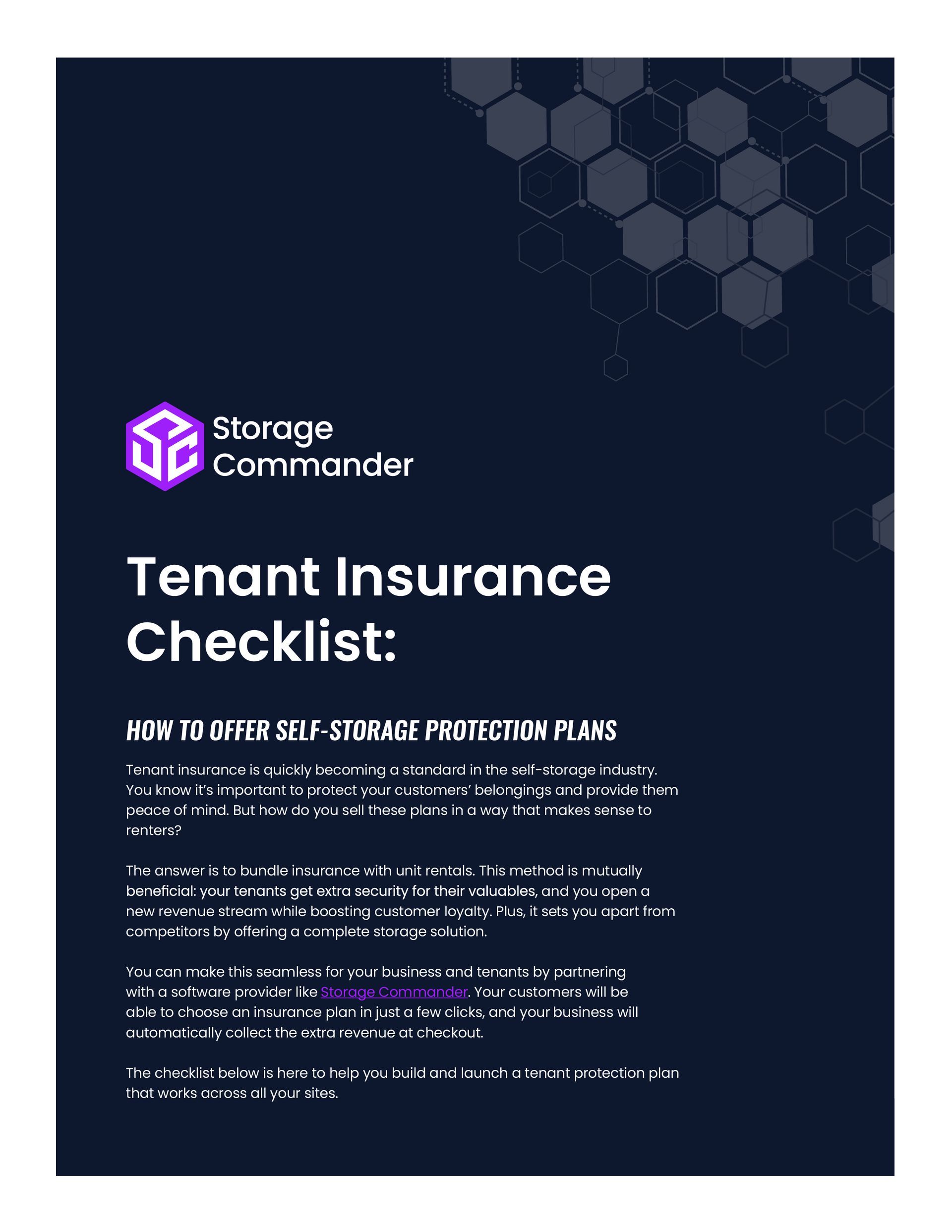Dark navy promo graphic for Storage Commander titled “Tenant Insurance Checklist” with white text and hexagon pattern.