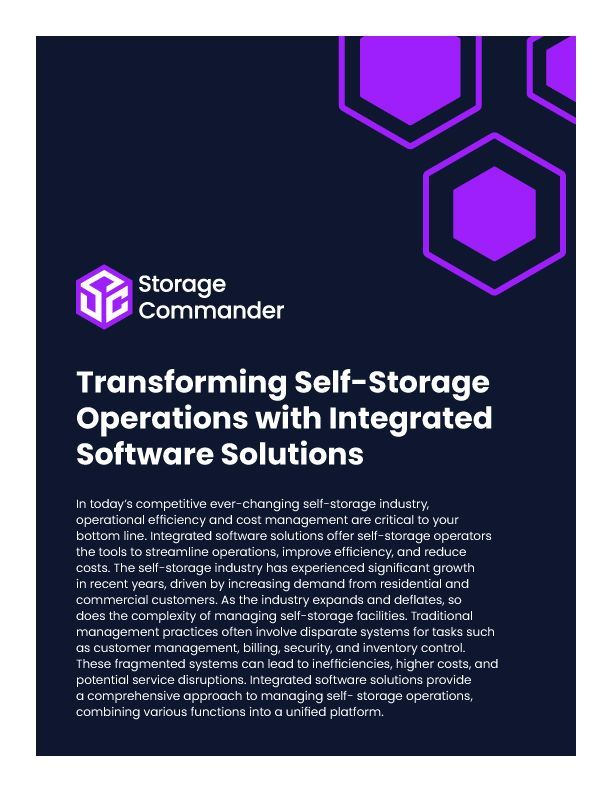 Purple Storage Commander promo with hexagon logo and headline: “Transforming Self-Storage Operations with Integrated Software Solutions”