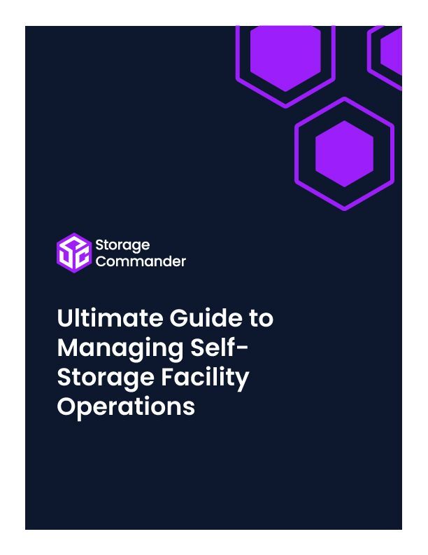 Dark navy cover with purple hexagons and Storage Commander logo; title: “Ultimate Guide to Managing Self-Storage Facility Operations”